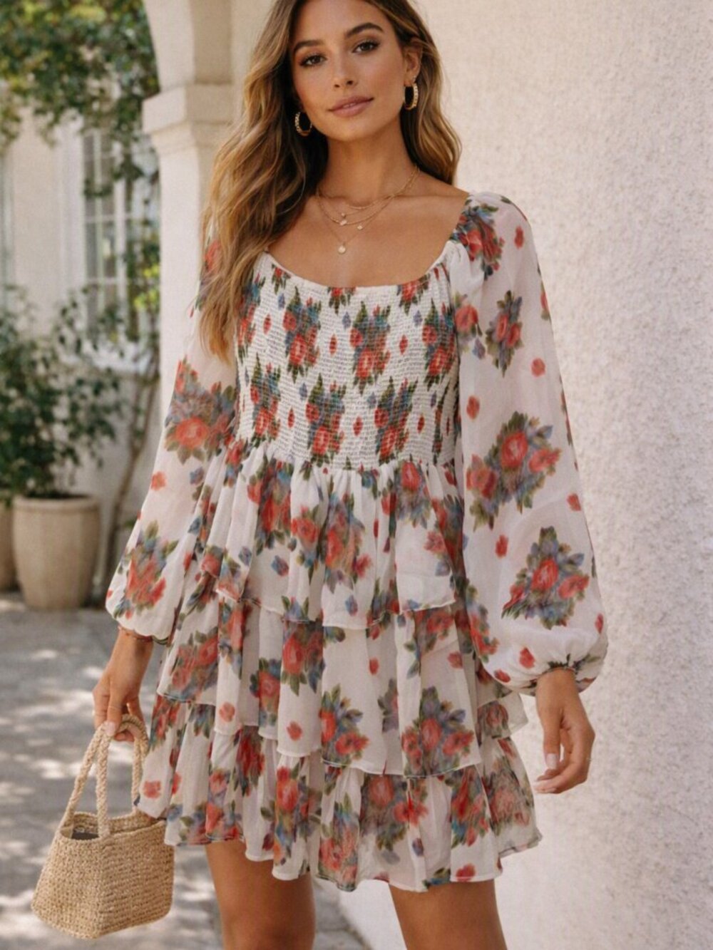 White Floral Tiered Peasant Smoked Dress - Red & Green Floral
